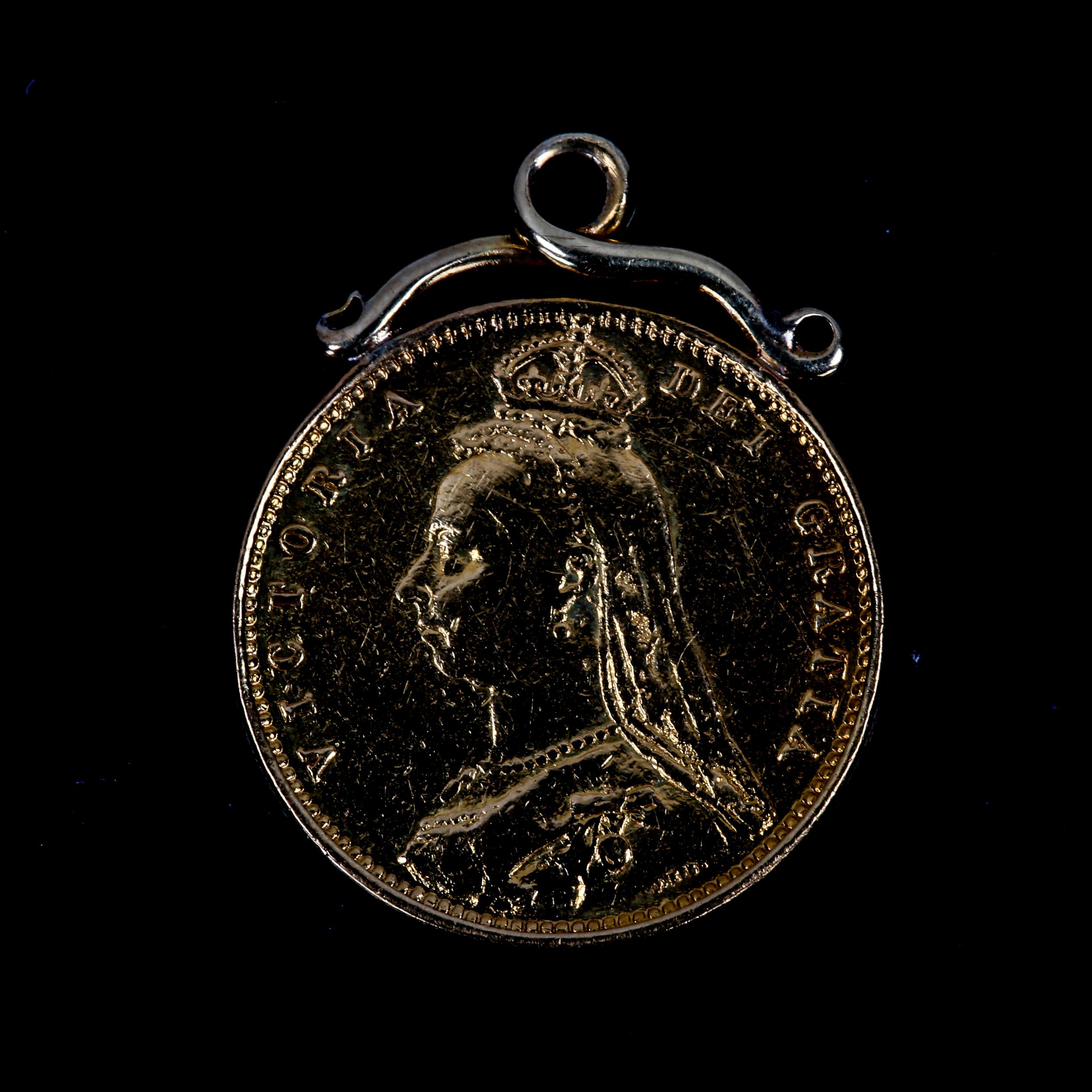 A Queen Victoria 1887 gold half sovereign coin, on unmarked gold pendant mount, overall height 24mm, - Image 2 of 3