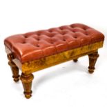 A good quality burr-walnut duet piano stool, with buttoned leather seat, and rise and fall action,