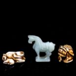 A Chinese carved jade horse, height 4.5cm, and 2 Japanese ivory netsuke (3)