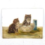 Bessie Bamber, watercolour on opaque glass plaque, kittens on a table, signed with monogram, 15cm