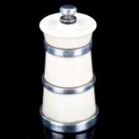 An Elizabeth II silver-mounted Bakelite Peter Piper Super salt mill, tapered cylindrical form with