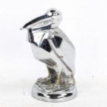 A chrome plate stylised pelican design car mascot, height 9cm