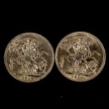 2 x George V 1914 gold full sovereign coins, 15.9g total Light surface wear.