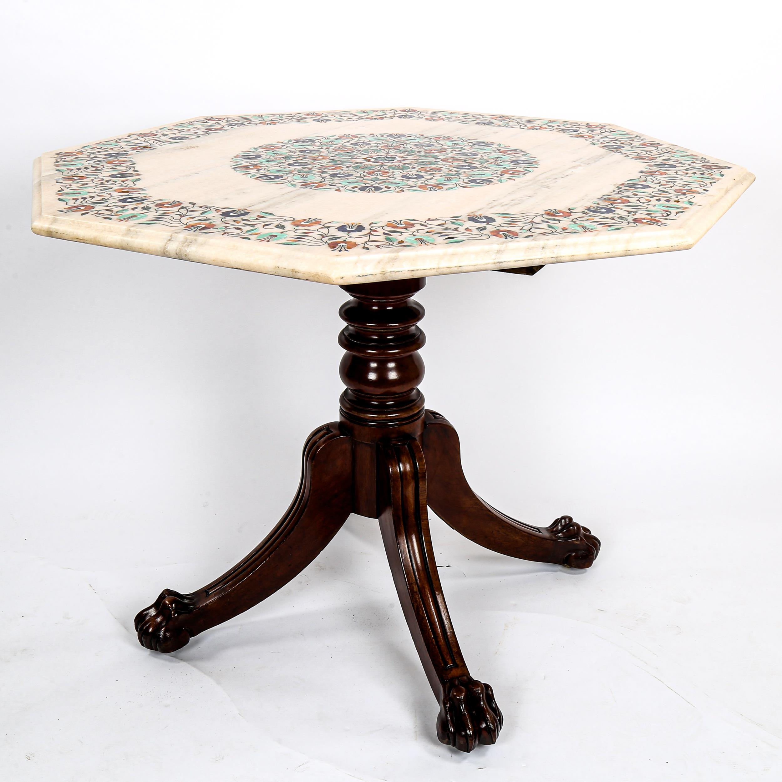 An Indian octagonal marble-topped centre table, with inlaid specimen hardstone floral marquetry - Image 3 of 3