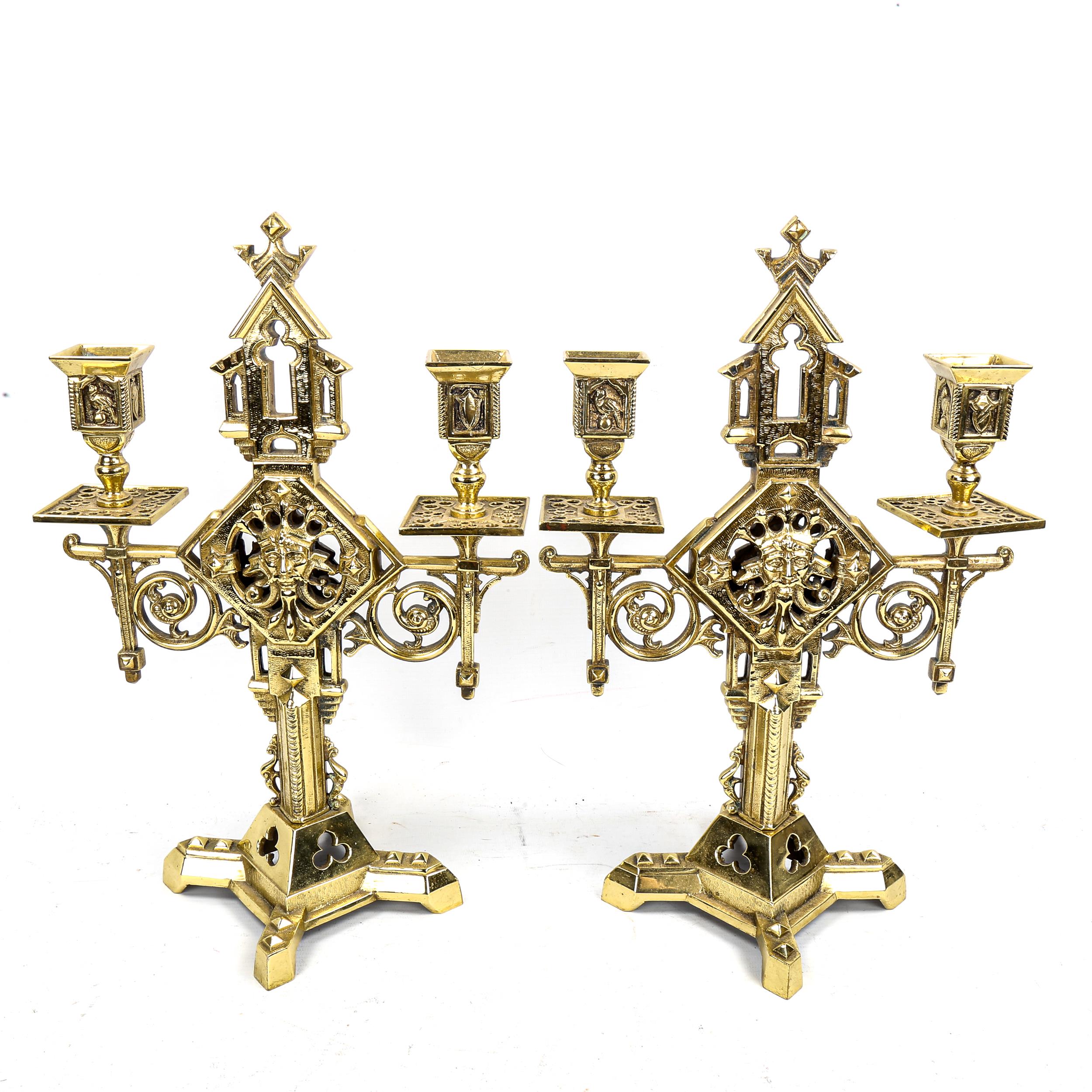 A pair of 19th century polished brass Gothic style twin-branch candelabra, height 36cm Good - Image 3 of 3