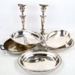 A pair of Sheffield plate candlesticks, height 30cm, and a pair of silver plated vegetable tureens