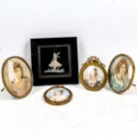 A group of miniature watercolour portraits on ivory and card, in gilt-metal frames, and a wax