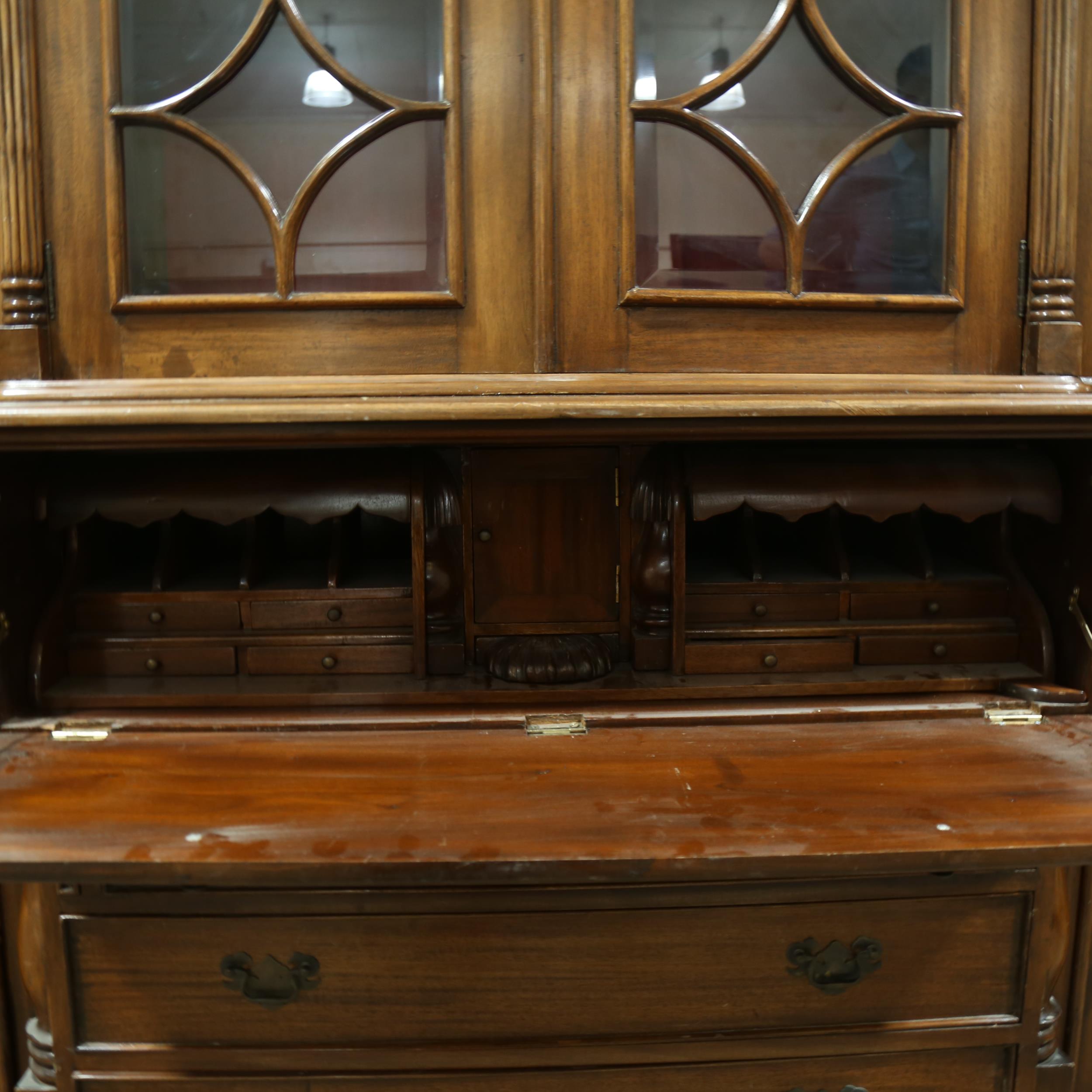 A large reproduction library secretaire bookcase, drawers, cupboards and secretaire drawer below - Image 3 of 8