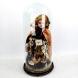 A porcelain-headed tinker doll under glass dome, height overall 50cm (A/F) Dome is broken at back on