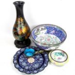 A group of Oriental metalware, including a polychrome enamel bowl, diameter 26cm (5)