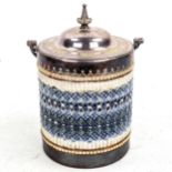 Doulton Lambeth, stoneware biscuit barrel with plated mounts and swing handle Good condition