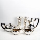 An Elkington plate 4-piece tea set, and a pair of plated trumpet-shaped vases