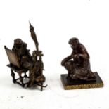 A patinated bronze sculpture, woman at a spinning wheel, unsigned, height 13cm, and a bronze