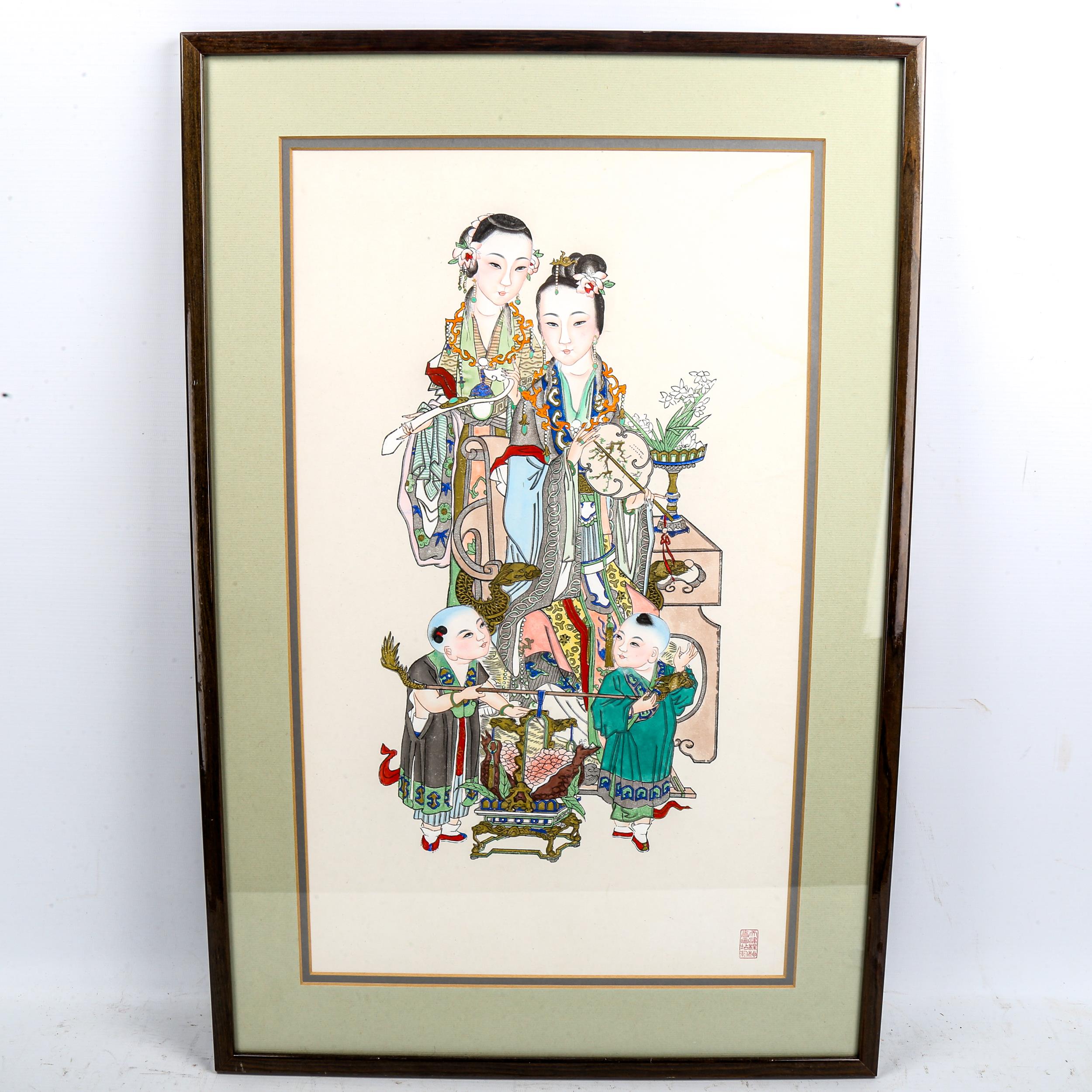 A Chinese watercolour over a printed base, depicting women and children, signed with a seal, overall - Bild 2 aus 3