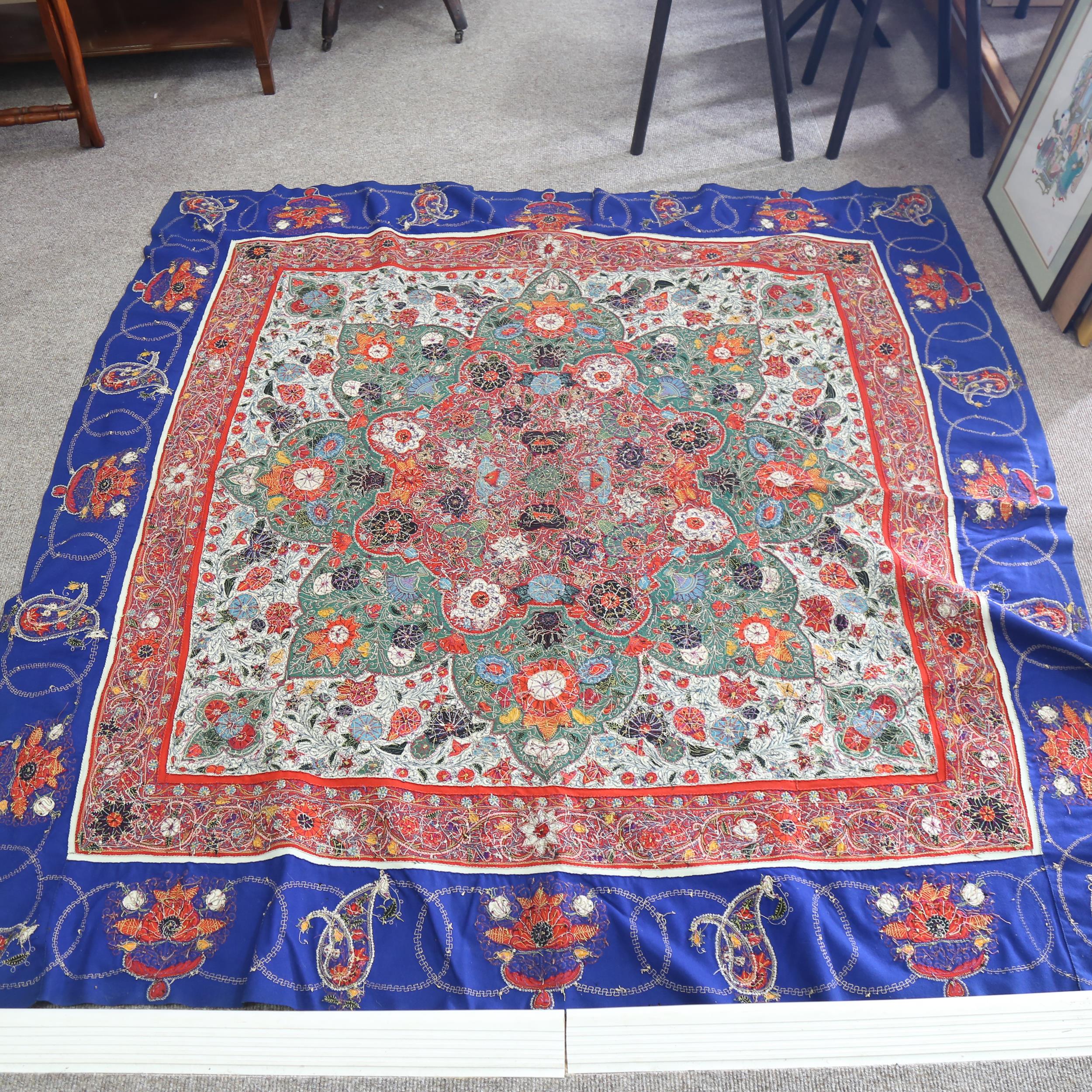 A fine quality Oriental hand embroidered crewelwork table cover, the central panel intricately - Image 6 of 9