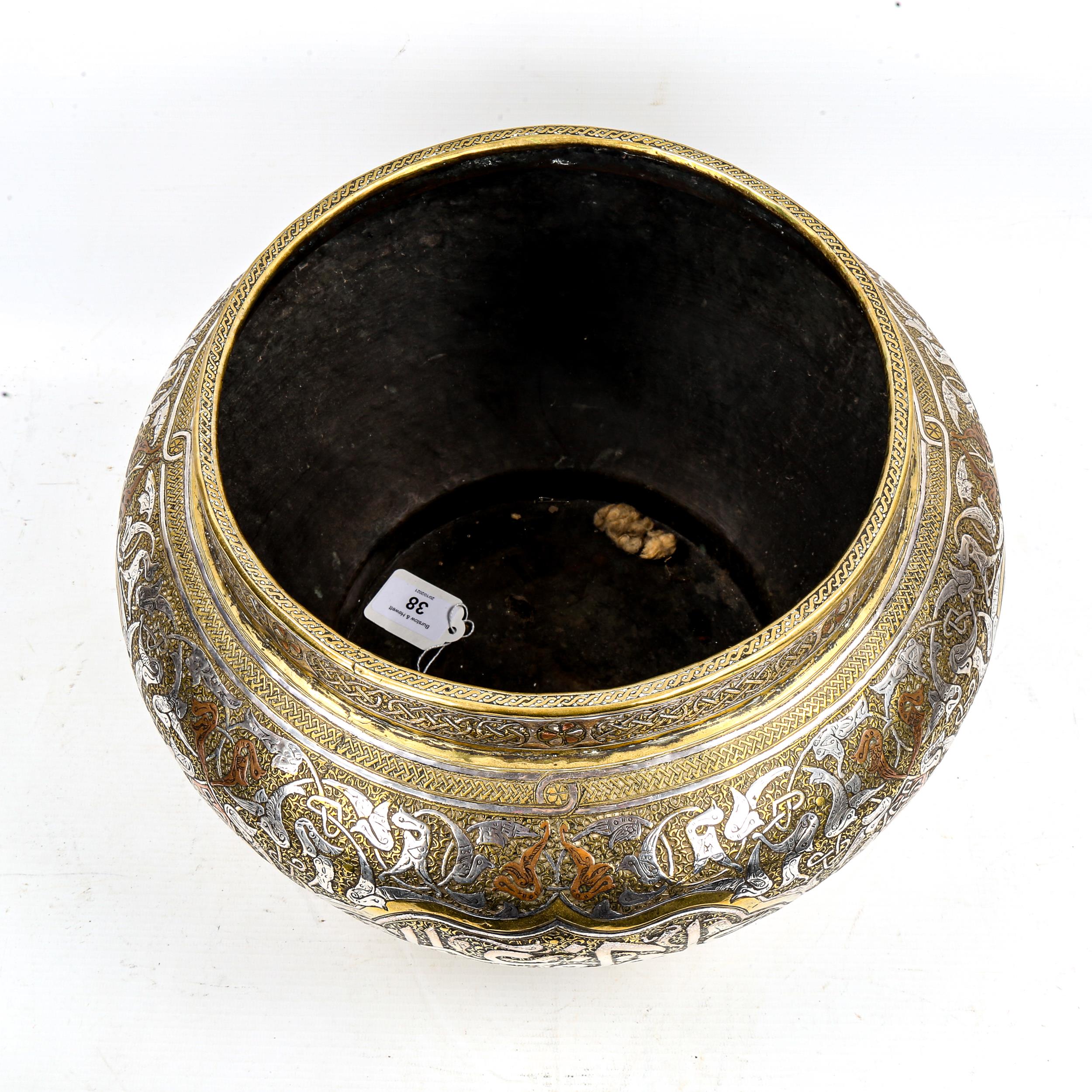 A large Persian brass jardiniere, late 19th century, with intricate inlaid silver and - Image 2 of 3