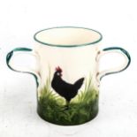 Wemyss Pottery cockerel design 3-handled tyg, height 14cm, rim diameter 11.5cm 2 handles have been