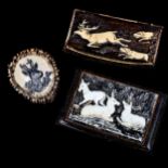 A 19th century carved stag horn snuff box, a treen box circa 1806 with carved stag horn panel and