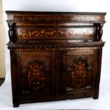 A 17th century oak Court cupboard, with original inlaid specimen wood marquetry decoration, and