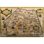 Denbighshire, 17th century hand coloured map engraving, by John Speede, image 38cm x 50cm, double-