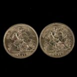 2 x George V gold half sovereign coins, 1911 and 1913, 7.9g total General surface wear.