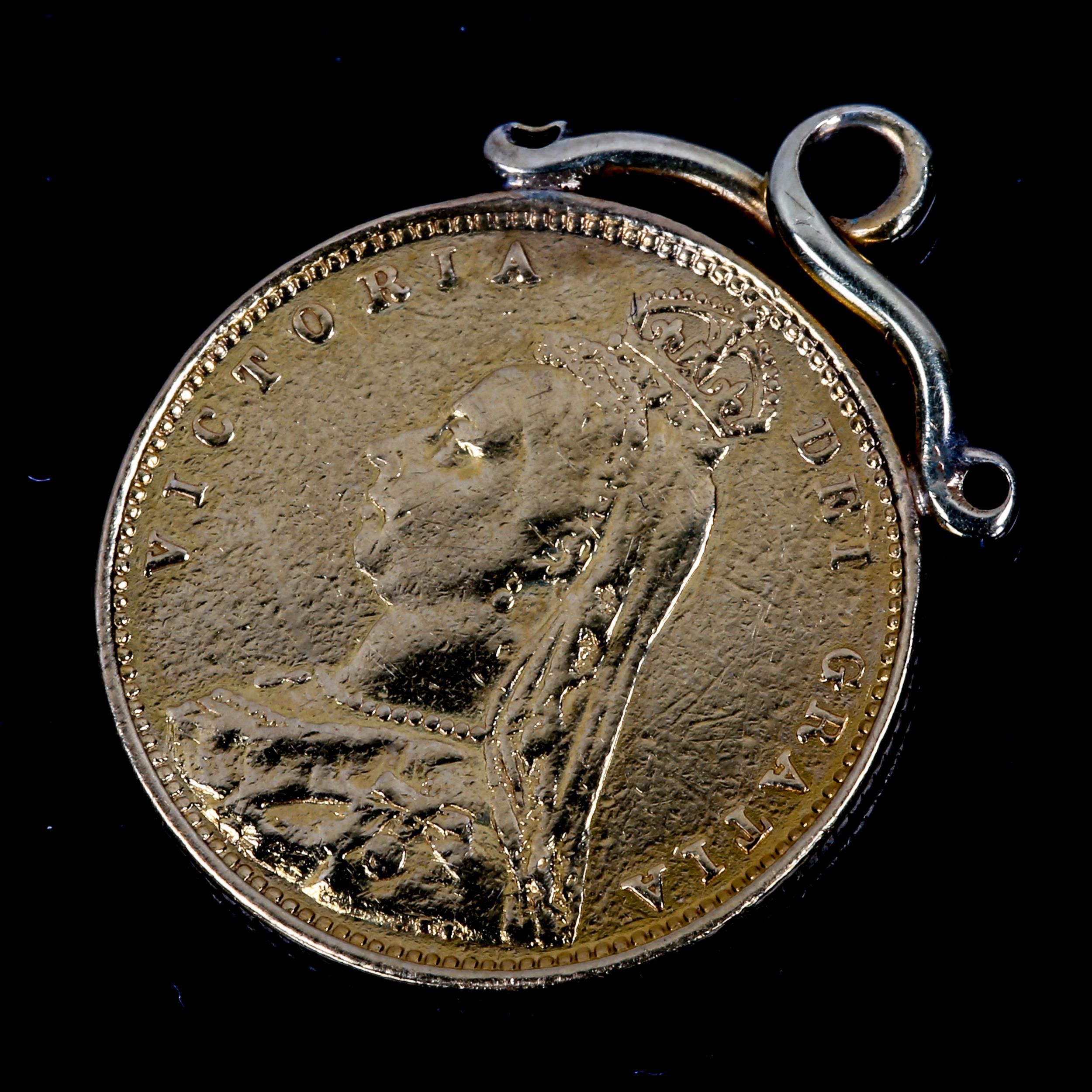 A Queen Victoria 1887 gold half sovereign coin, on unmarked gold pendant mount, overall height 24mm, - Image 3 of 3