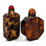 2 Antique Chinese tortoiseshell snuff bottles, with amber and red Peking glass mounted stoppers,