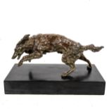 Attributed to Jules Moigniez, patinated bronze sculpture, running Setter dog, unsigned, on marble