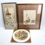 A Chinese circular watercolour on silk, mountain landscape, image 23cm across, woodblock print,