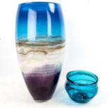 A large multi-colour handmade Studio glass vase, height 40cm, and a hand blown Studio glass bowl,