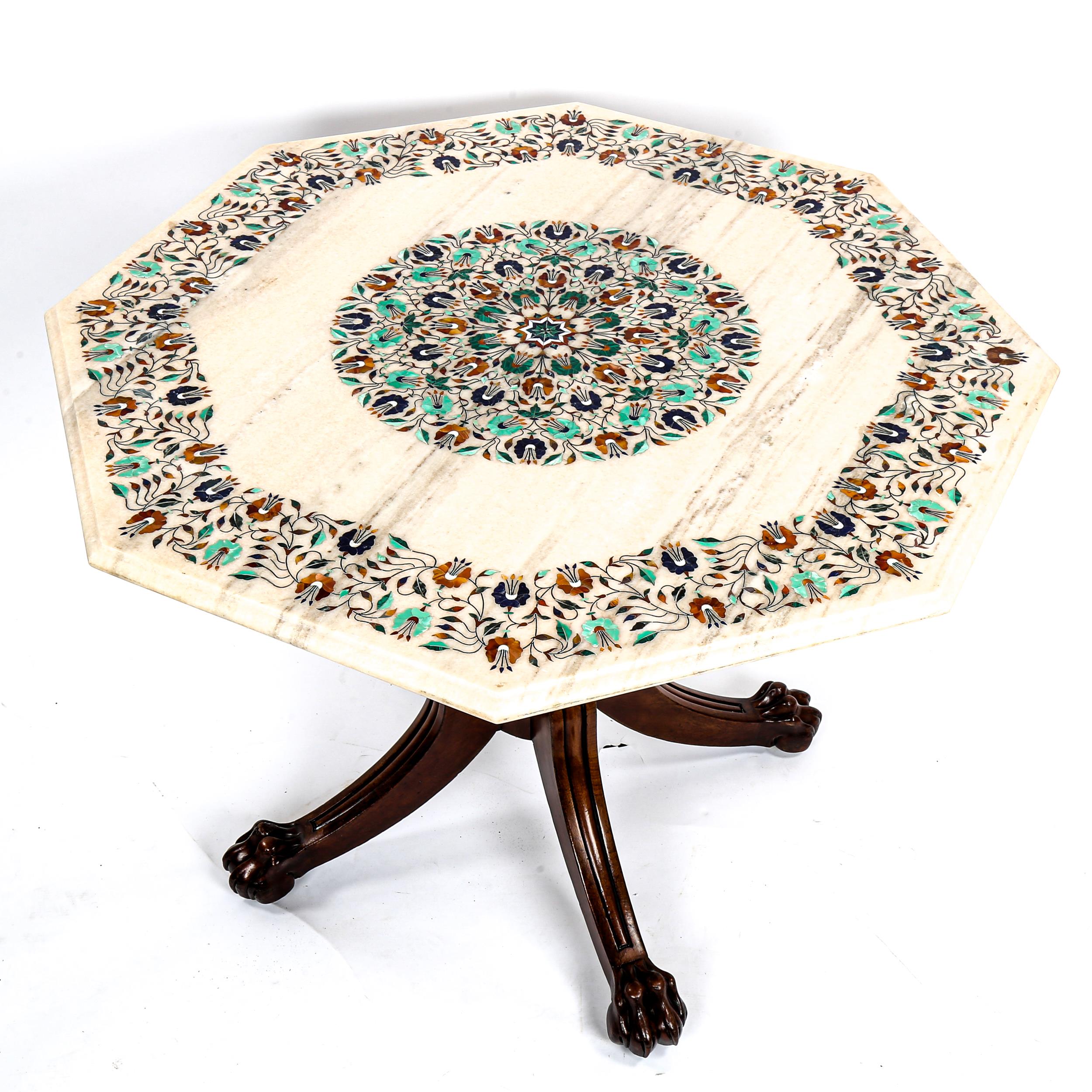 An Indian octagonal marble-topped centre table, with inlaid specimen hardstone floral marquetry