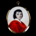 Miniature painted portrait on ivory of a gentleman wearing a red cloak, late 18th/early 19th