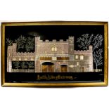 Battle Abbey Gateway, hand silk embroidered picture, circa 1900, on black ground, modern gilt-frame,