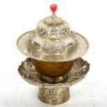 A group of Oriental items, comprising unmarked white metal lotus flower design bowl, diameter
