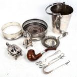 A group of plated items, including 2 wine coasters, an ice bucket, a cocktail strainer etc
