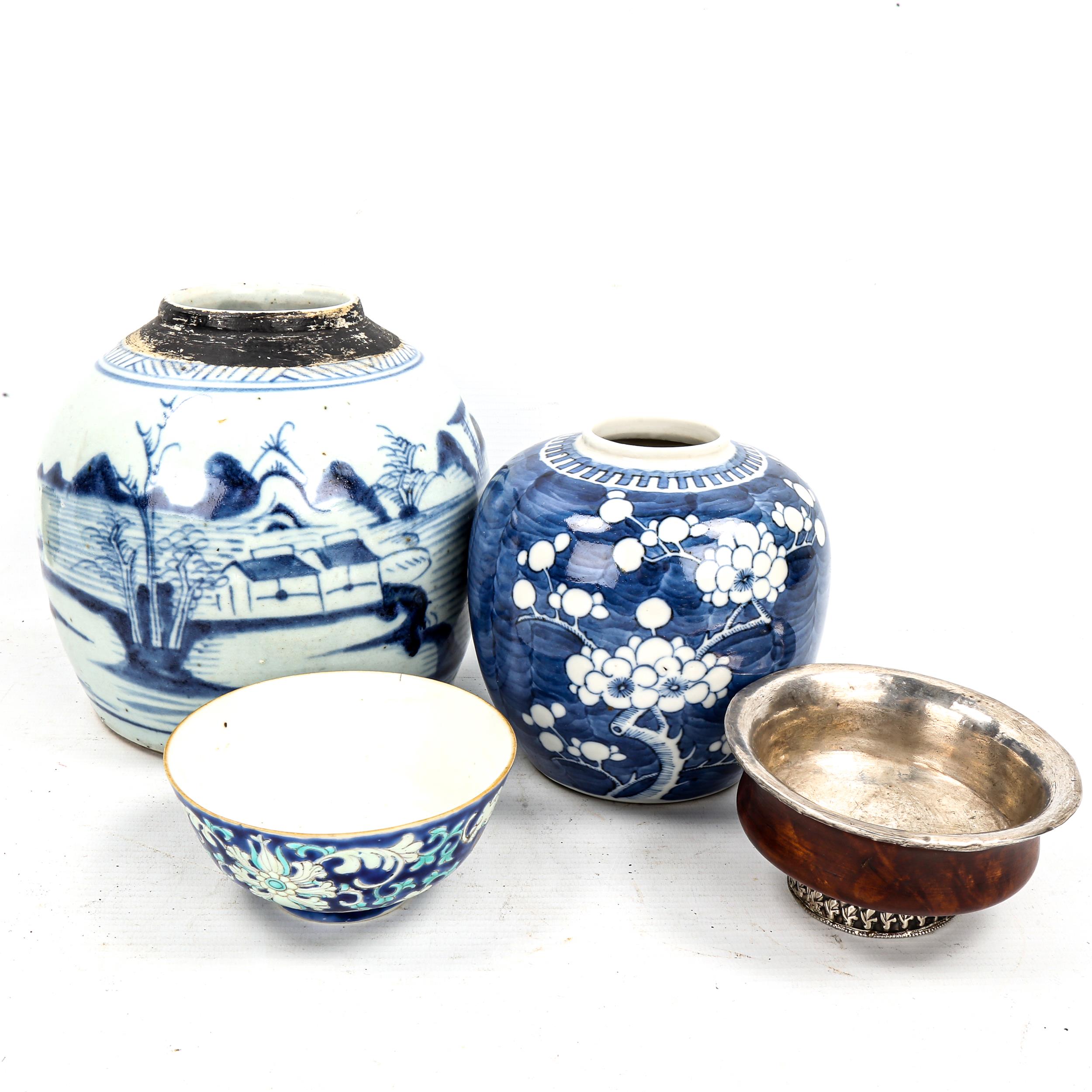 A group of Oriental items, comprising 2 blue and white ginger jars, largest height 16cm, a floral