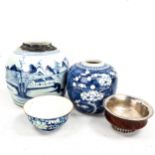 A group of Oriental items, comprising 2 blue and white ginger jars, largest height 16cm, a floral