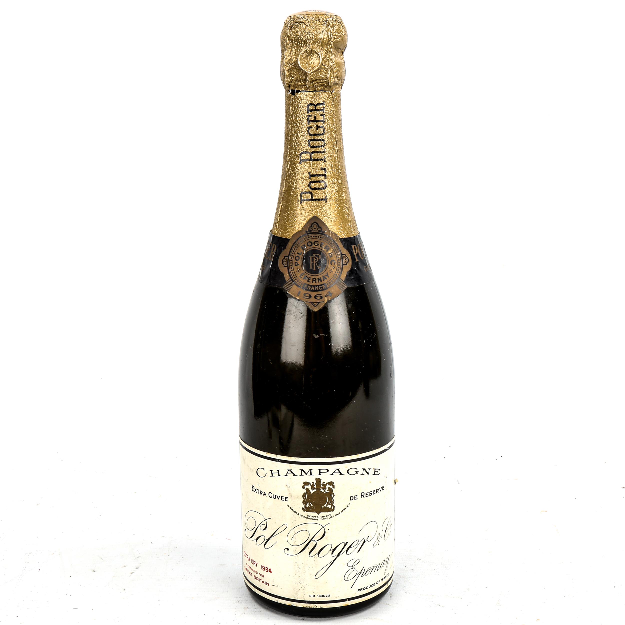 A bottle of 1964 Pol Roger Extra Dry Champagne Reverse ullage 1cm from base.