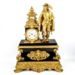 A large late 19th/early 20th century gilt-bronze and slate figural 8-day mantel clock, by Desorey of