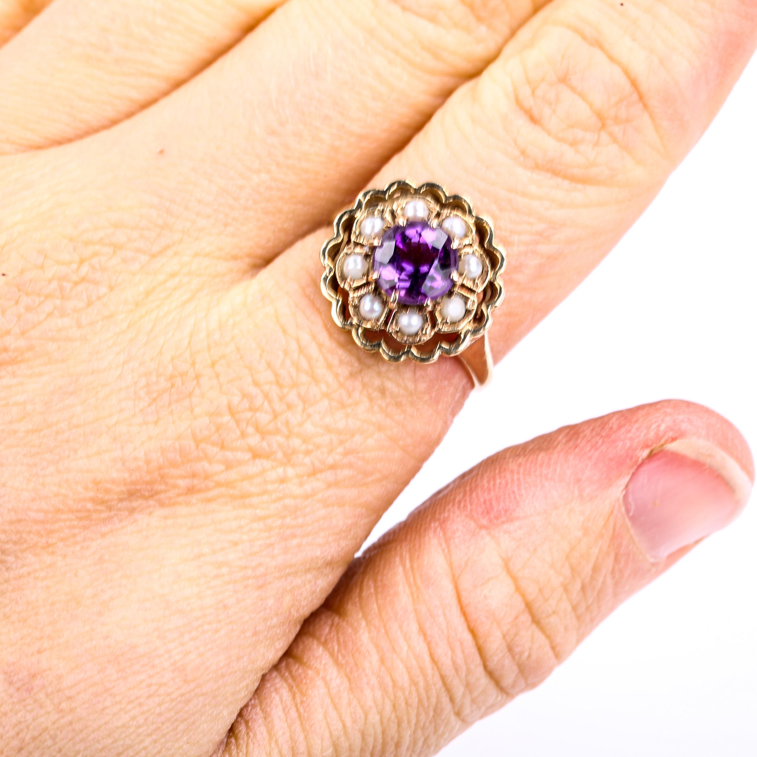 A late 20th century 9ct gold amethyst and split pearl cluster ring, set with round cut amethyst with - Image 4 of 4