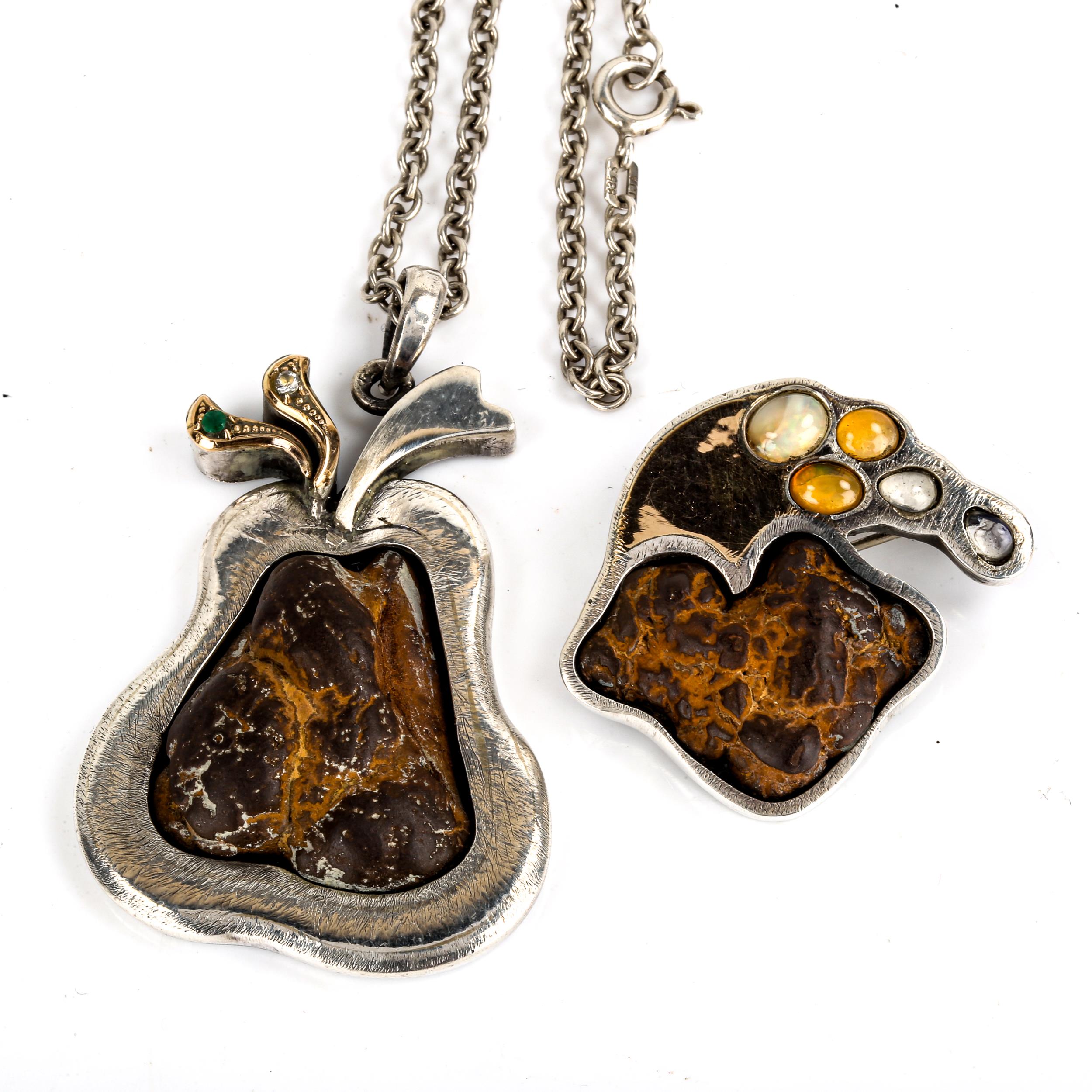 2 pieces of silver-mounted coprolite (fossilised dinosaur faeces) jewellery, comprising pendant