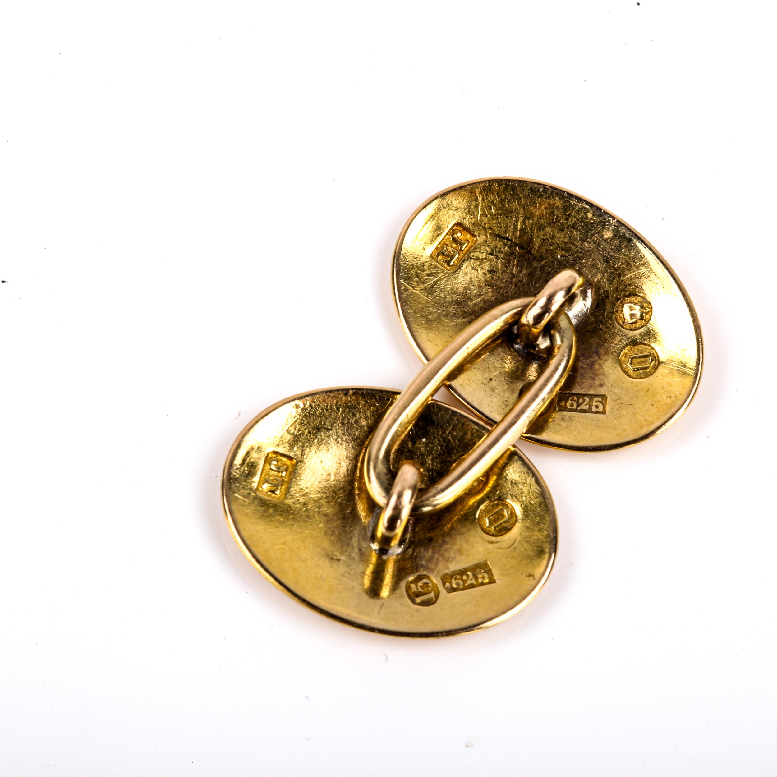 A pair of Victorian 15ct gold oval bombe cufflinks, possibly by John Taylor, hallmarks London - Image 3 of 4