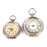 2 Swiss silver-cased open-face keywind fob watches, floral gilded dials with engraved cases, largest