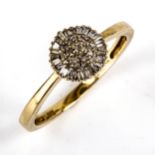 A modern 9ct gold diamond cluster dress ring, set with single and baguette-cut diamonds, setting