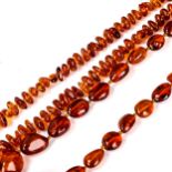 2 x amber bead necklaces, lengths 64cm and 56cm, 45.4g total (2) No major damage, amber has