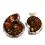 2 x large silver-mounted ammonite fossil jewellery items, comprising pendant and brooch, largest