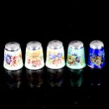 5 x silver and floral enamel thimbles, by James Swann & Son (5) Blue enamel thimble has a chip