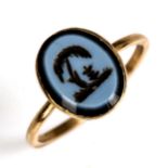 An Antique intaglio carved sardonyx weeping willow mourning seal ring, unmarked gold settings with