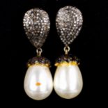 A modern pair of oxidised and silver-gilt diamond and pearl drop earrings, earring height 41.7mm,