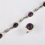 A Scandinavian silver and cabochon amethyst bracelet, and similar ring, bracelet length 20cm, ring